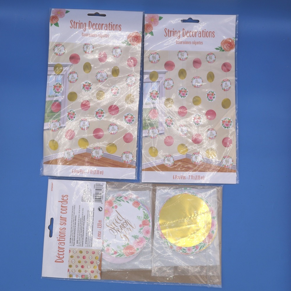 Sweet Baby Girl String Decorations 6 Pcs 7 Ft Pink Gold Floral Lot of 3